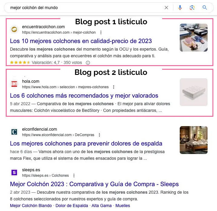 Ejemplo de resultados de búsqueda