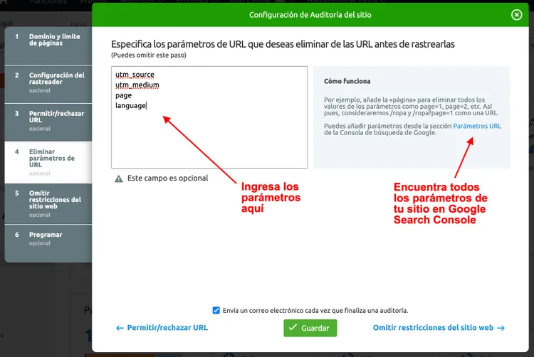 Eliminación parámetros URL paso 4 configuración