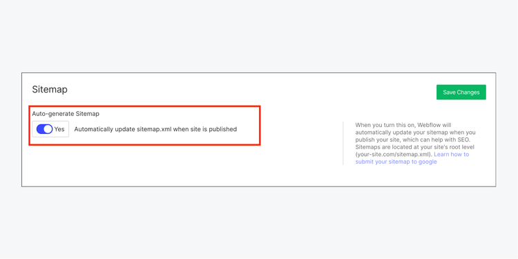Sección "Sitemap" en Webflow con la opción "Generar Sitemap automáticamente" activada