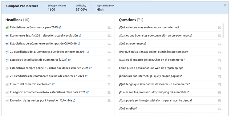 Semrush Topic Research Comparar Internet Headlines 10 Questions 71 artículos