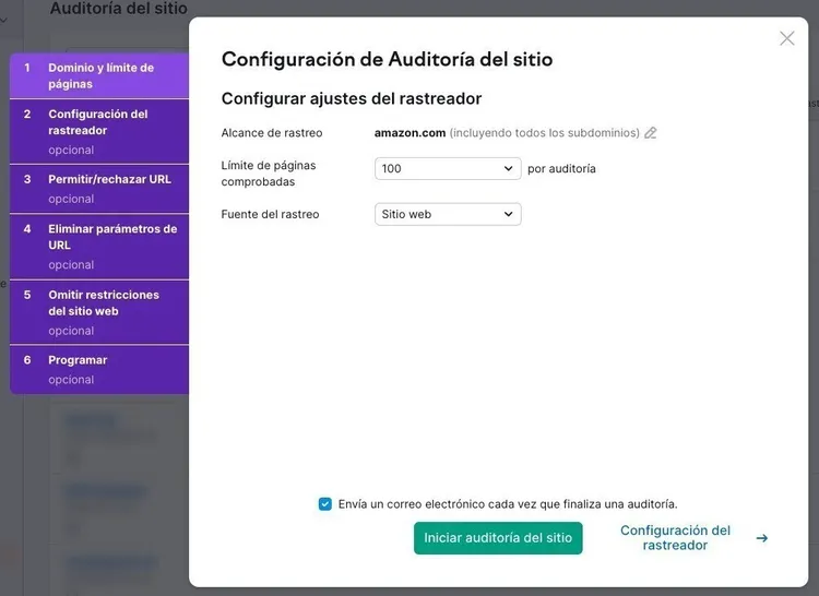 Cuadro configuración de auditoría del sitio Semrush para rastreador web