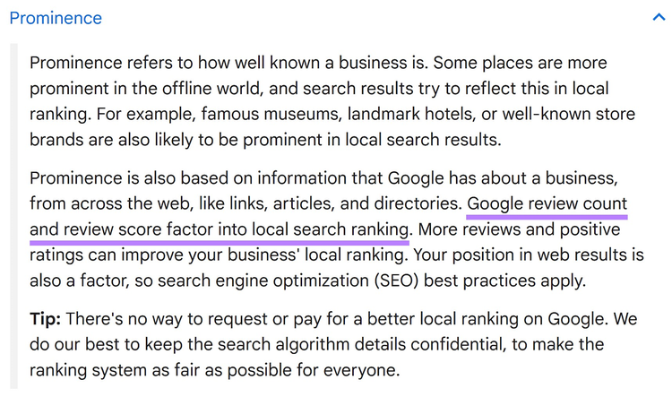 Sección de directrices de Google "Prominence"