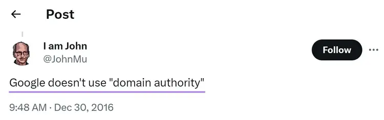 El post de JohnMu en X diciendo "Google no utiliza la autoridad de dominio."