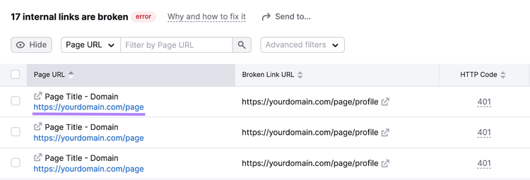 lista de URL de páginas y la URL de enlace roto