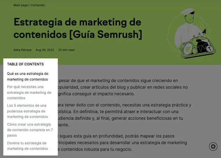 Página blog Estrategia marketing contenidos con índice y flecha circular