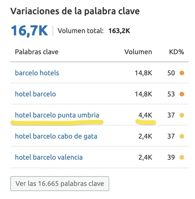 Keyword Magic variaciones Barceló Hotels con volumen total 163K