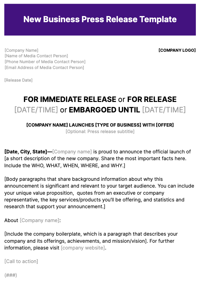 Plantilla de Comunicado de Prensa de Nueva Empresa