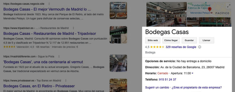 Resultado Google Local Business Bodegas Casas restaurante Madrid múltiples listados
