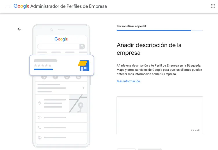 Google Business campo de descripción empresa con límite 750 caracteres