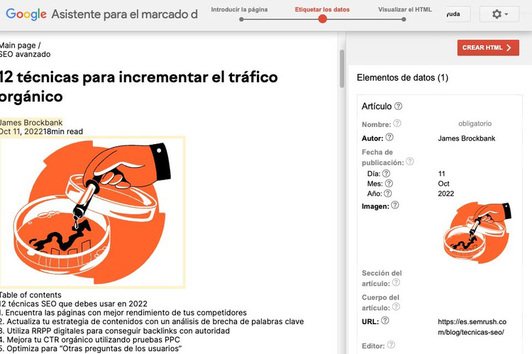 Asistente Google markup artículo 12 técnicas tráfico con panel elementos datos