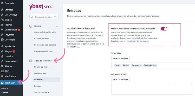 Menú Yoast SEO Entradas con opción Tipo de contenido resaltada