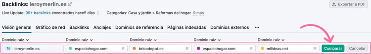 Reporte Semrush Backlinks mostrando lista de dominios referentes