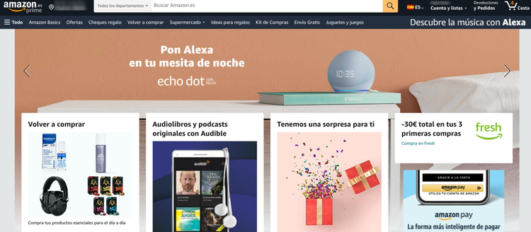 Amazon: página principal con promoción de Alexa y ofertas de productos