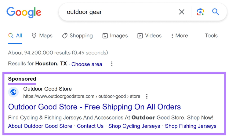 Anuncio PPC en Google para la búsqueda "equipamiento para exteriores