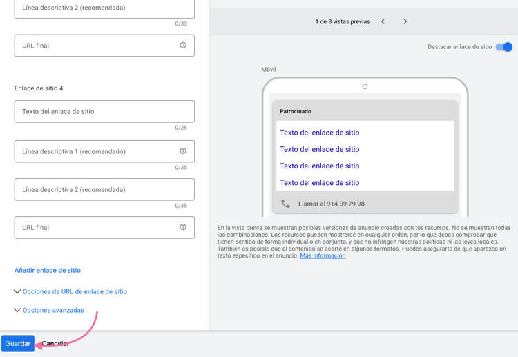 Luego haz clic en "Guardar" para añadir enlaces a tu web en tu lista de activos