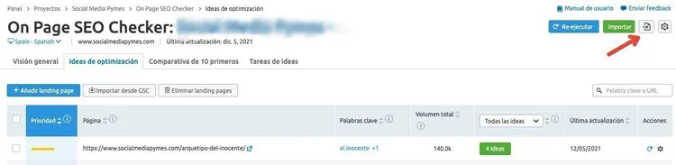 On Page SEO Checker: tabla landing pages con ideas optimización