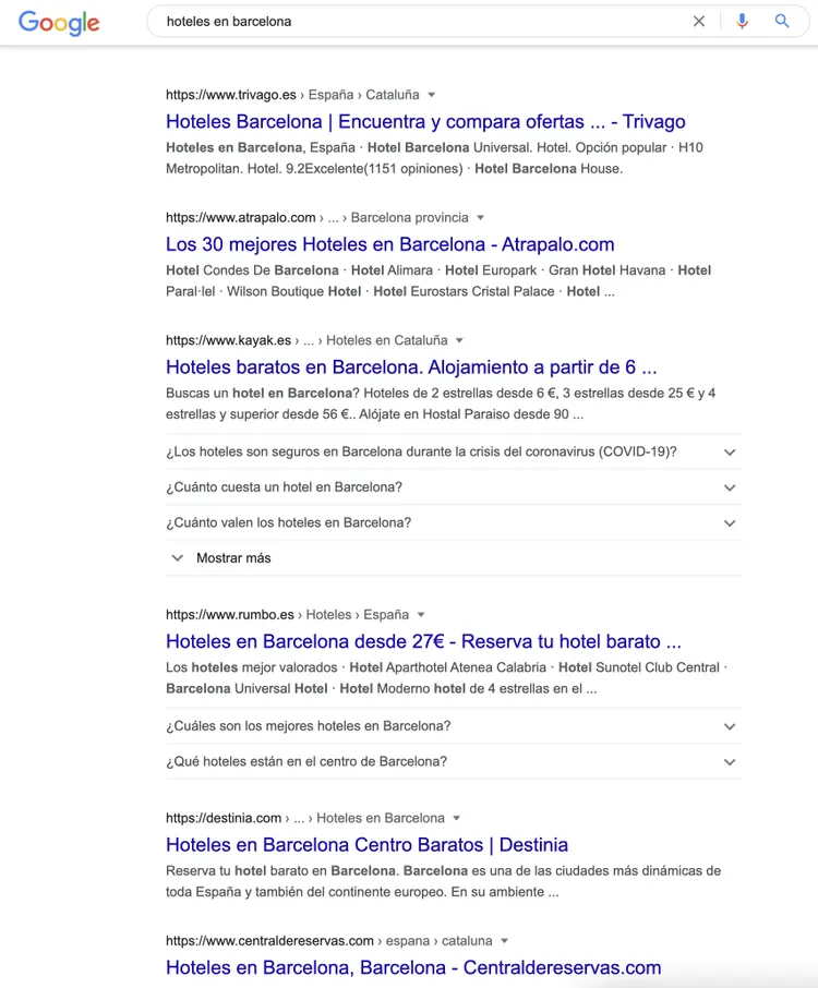 Google SERP hoteles Barcelona con múltiples resultados y preguntas