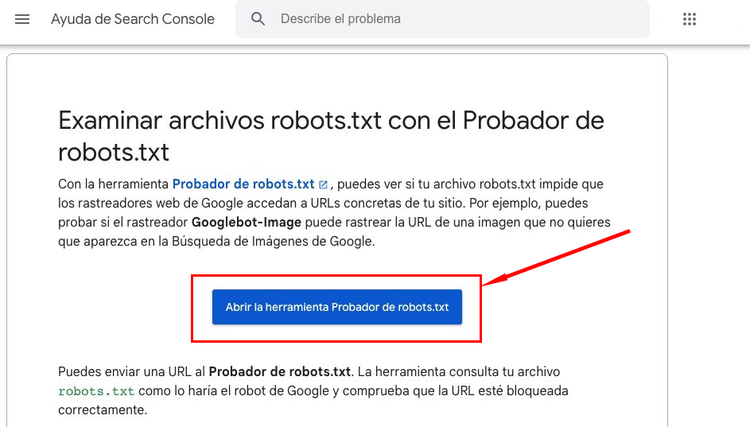 Ayuda Search Console sobre Probador robots.txt para verificar bloqueos