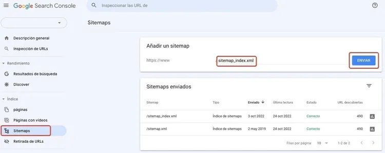 Google Search Console Sitemaps mostrando lista de sitemaps enviados con estado submitted