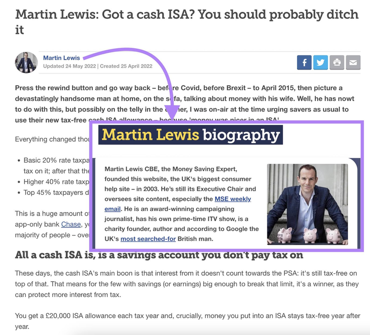 Artículo Martin Lewis sobre ISA de efectivo con biografía experto