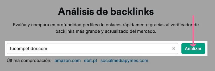 Herramienta Análisis de backlinks con dominio tucompetidor.com cargado