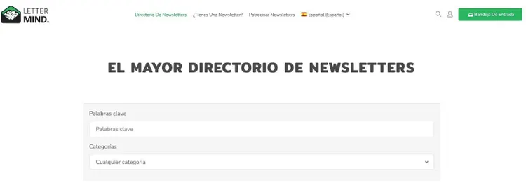 LetterMind mayor directorio newsletters mostrando interfaz búsqueda con categorías