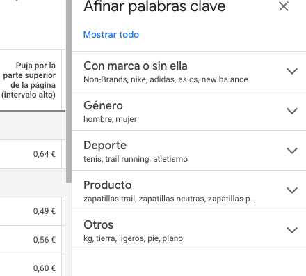 Keyword Planner filter menu continued showing brand, gender, sport, and product options