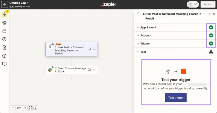 Zapier comprueba cada paso de tu flujo de trabajo y te pide que pruebes el activador que has establecido