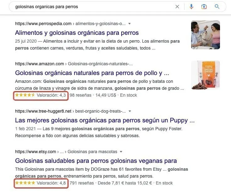 Búsqueda Google golosinas orgánicas perros mostrando aproximadamente 113.000 resultados disponibles