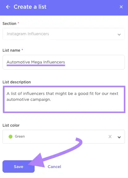 Lista de influenciadores denominada "Mega Influenciadores del sector de la automoción" y descripción añadida
