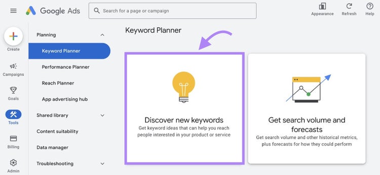 Página de inicio del Planificador de palabras clave de Google con la opción "Descubrir nuevas palabras clave" pulsada.