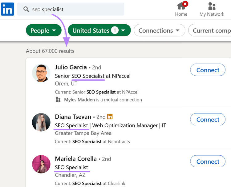 resultados de la búsqueda "especialista seo" en LinkedIn mostrando coincidencias