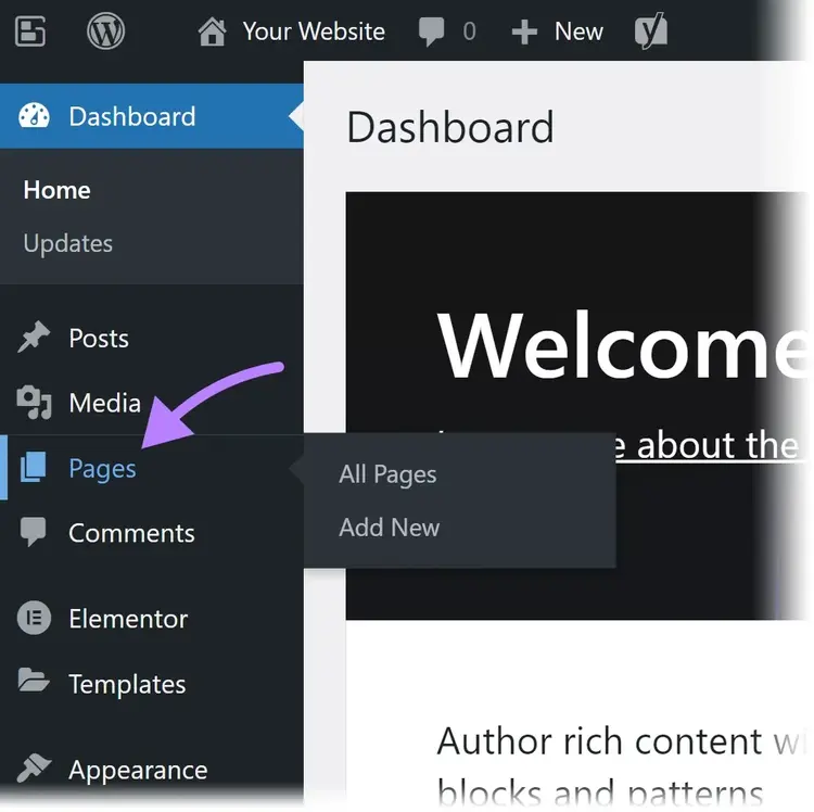 Navegar a "Páginas" en el menú de la barra lateral de WordPress