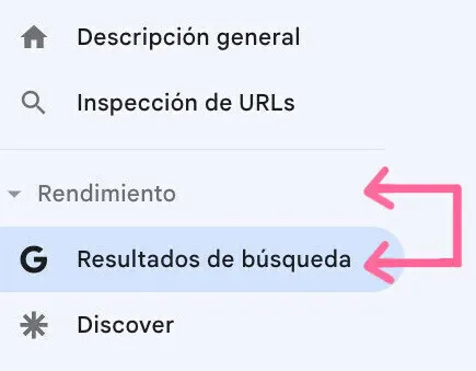 Menú navegación Search Console con secciones rendimiento y resultados búsqueda