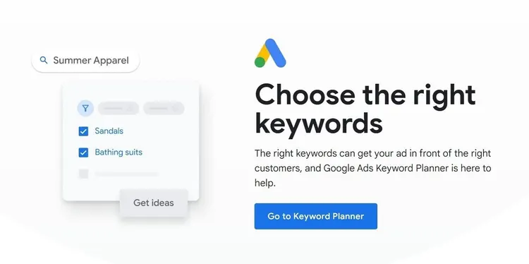 Página de inicio del Planificador de palabras clave de Google con el título "Elige las palabras clave adecuadas" y el botón "Ir al Planificador de palabras clave".