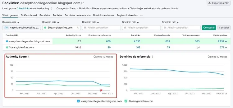 Backlinks analysis for blog showing Authority Score 22, reference domains 609, backlinks 4,036