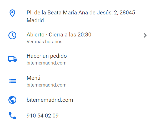 Google Business información dirección horarios entrega menú teléfono