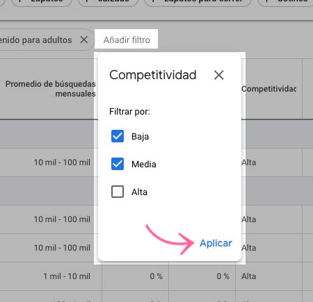 Filtro de competitividad con opciones Baja y Media seleccionadas