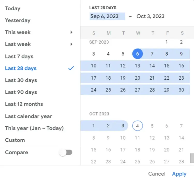 Un selector de intervalos de fechas con una vista de calendario a la derecha