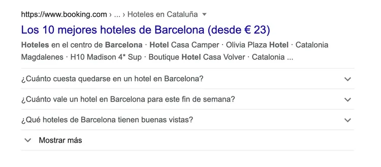 Google búsqueda hoteles Barcelona desde 23 euros con resultados booking