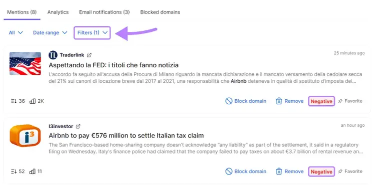 "Filtros" resaltados bajo la lista de menciones