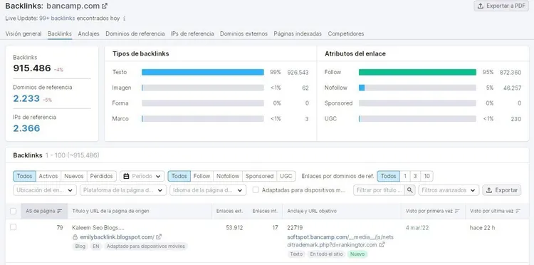 Pestañas backlinks mostrando tipos y atributos de enlaces detectados