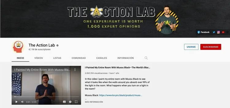 Canal YouTube The Action Lab experimentos ciencia 1.1M suscriptores