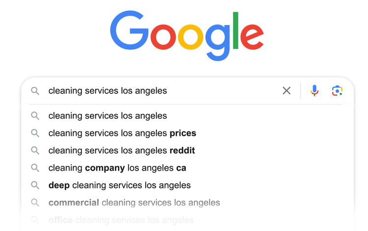 servicios de limpieza los angeles autocompleta con más palabras clave como precios, reddit, limpieza profunda, y más