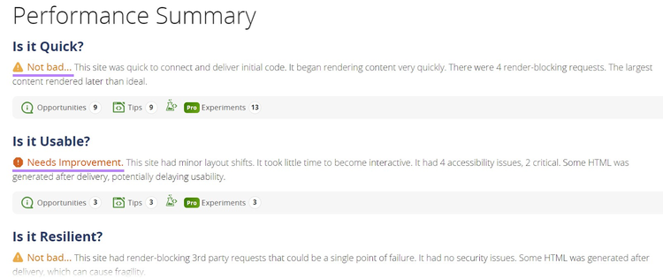 "Resumen de rendimiento" en WebPageTest