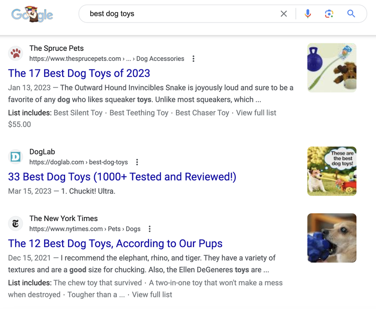 Resultados de la búsqueda en Google de "mejores juguetes para perros"