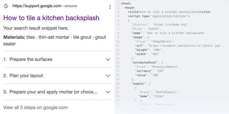Resultado búsqueda Google con código schema markup JSON-LD visible lado derecho