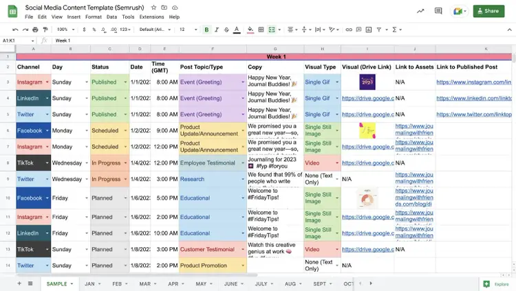 Un ejemplo de calendario de marketing en redes sociales