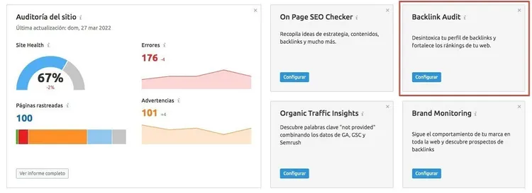 Configuración Backlink Audit seleccionando categorías de dominio