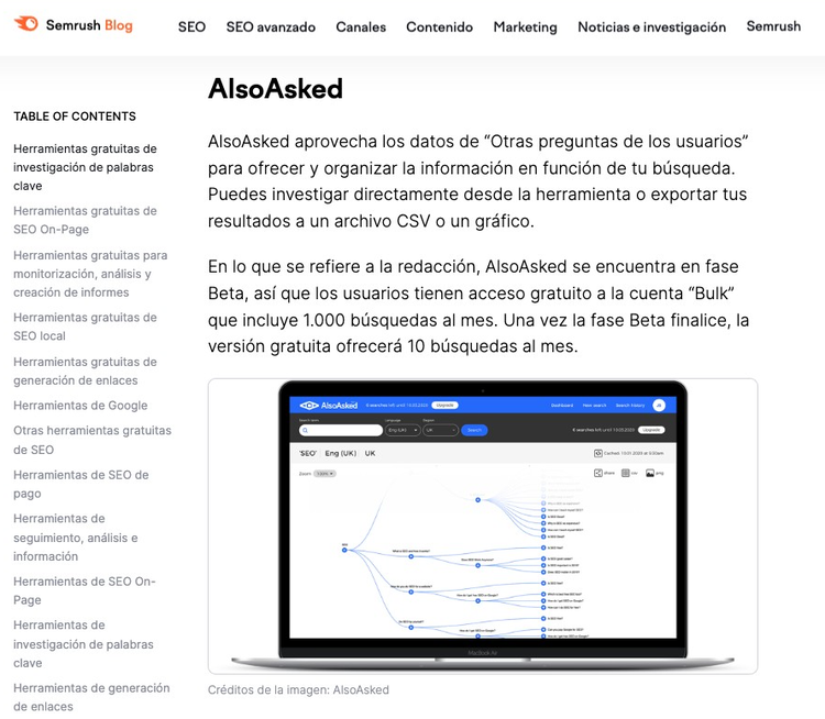 Blog post sobre herramienta AlsoAsked con tabla de contenidos e imagen de laptop